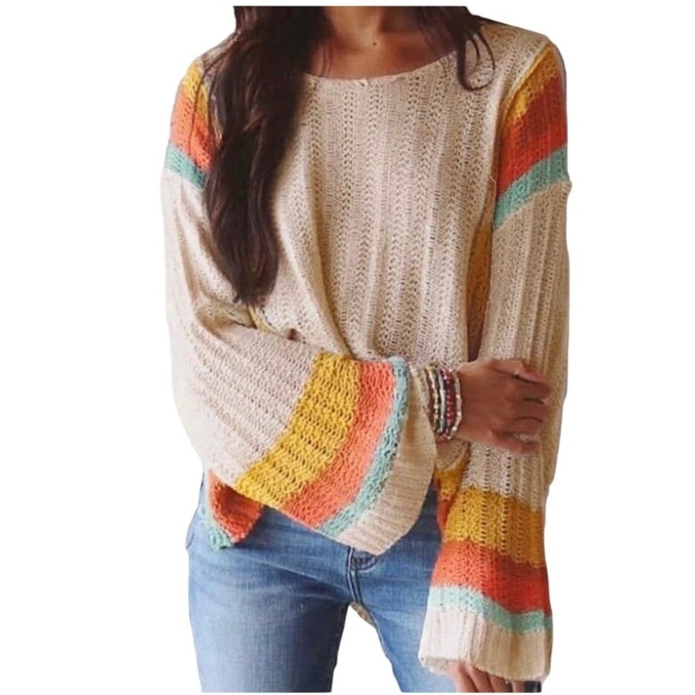 Dokotoo Crochet Sweater Womens 2XL Beige Striped Boho Indie Oversized Knit
